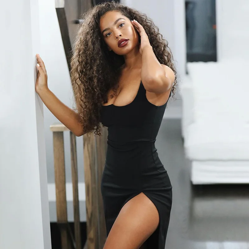 2022 New Arrivals long sexy spaghetti strap style bodycon black dresses wholesale