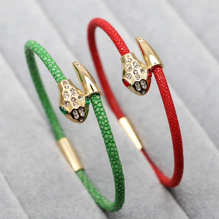 Wholesale Women Mens Jewelry Green Genuine Stingray Python Leather stainless steel snake head Bracelet