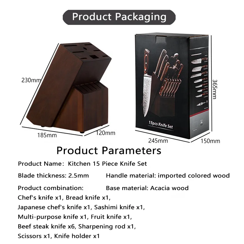 15 Piece Knife Set High Carbon Japan Stainless Steel Hammered Collection Knife Block Set with Wooden Self Sharpening for Chef