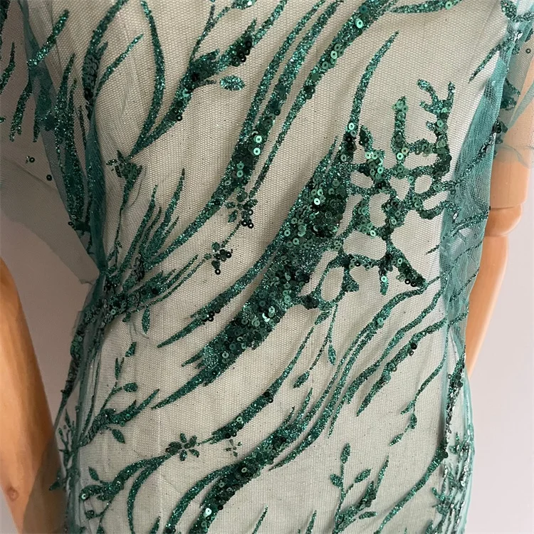 New emerald green sequin lace glitter mesh tulle fabric for evening dress