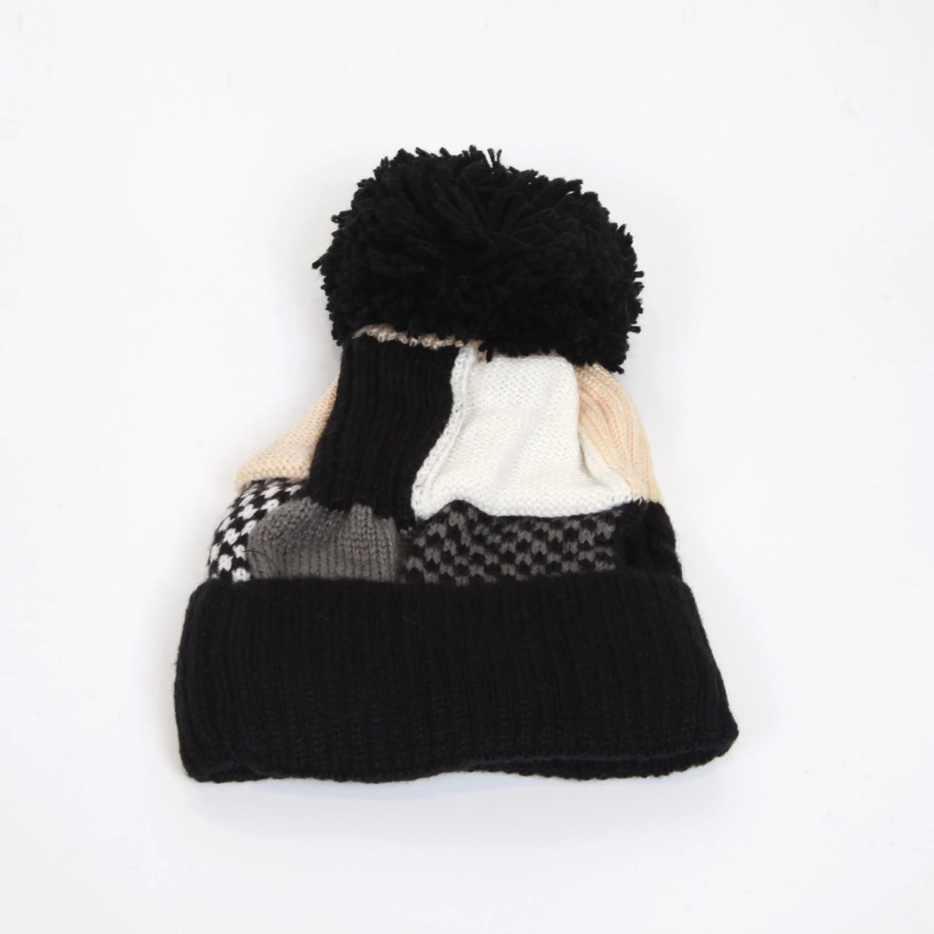Women Acrylic Patch Work Color Block Knitted Beanie Hat with Fleece Lining
