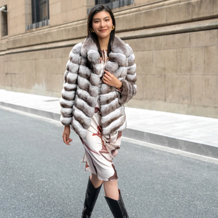 Good Quality Luxury Fashion Long Sleeve Thick Warm Rabbit Fur Winter Women Chinchilla Fur Coat Women Jacket