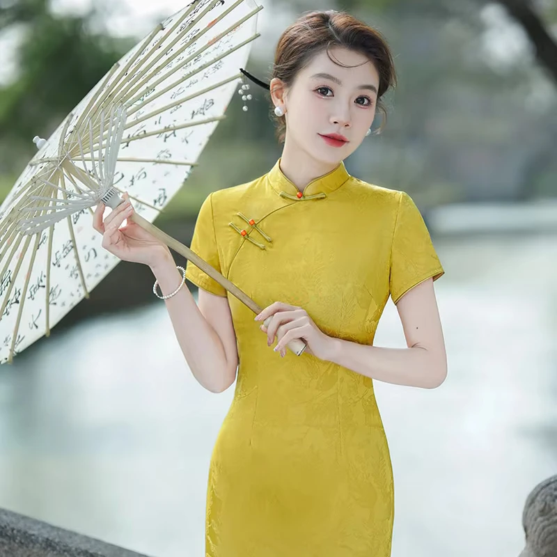 Оптовая продажа, дешевая цена, китайское платье Qipao, летнее женское платье с коротким рукавом, элегантное платье Cheongsam