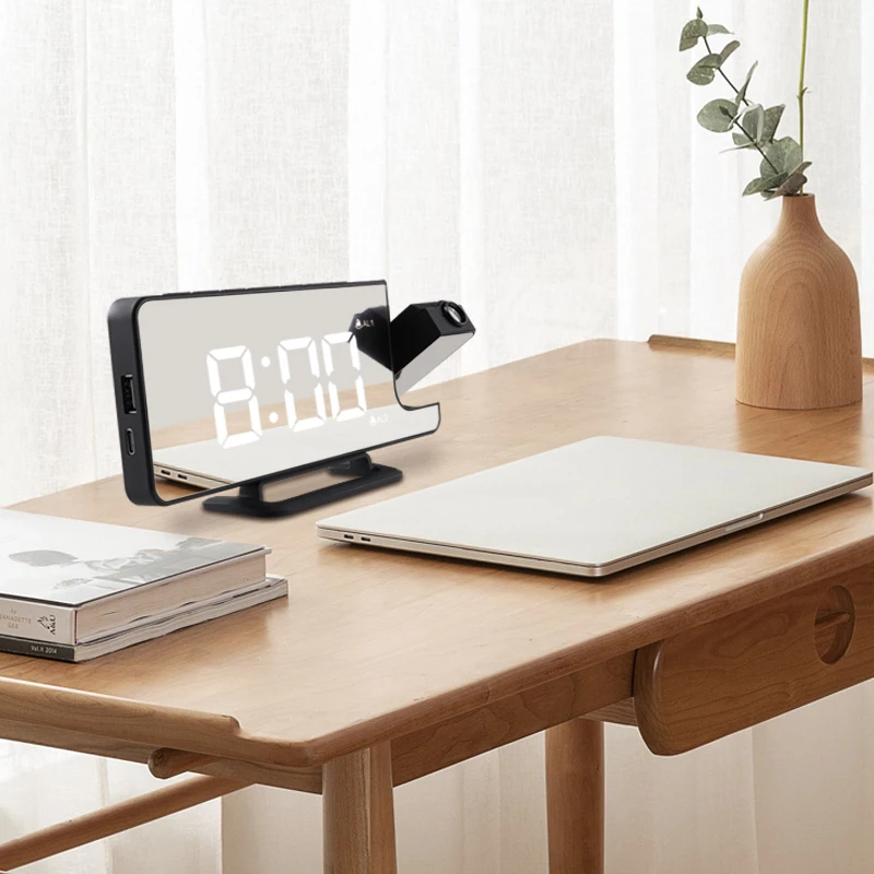 Electronic Digital Led Wall Projection Table Desk Alarm Clock with Mirror Screen and USB phone charing port