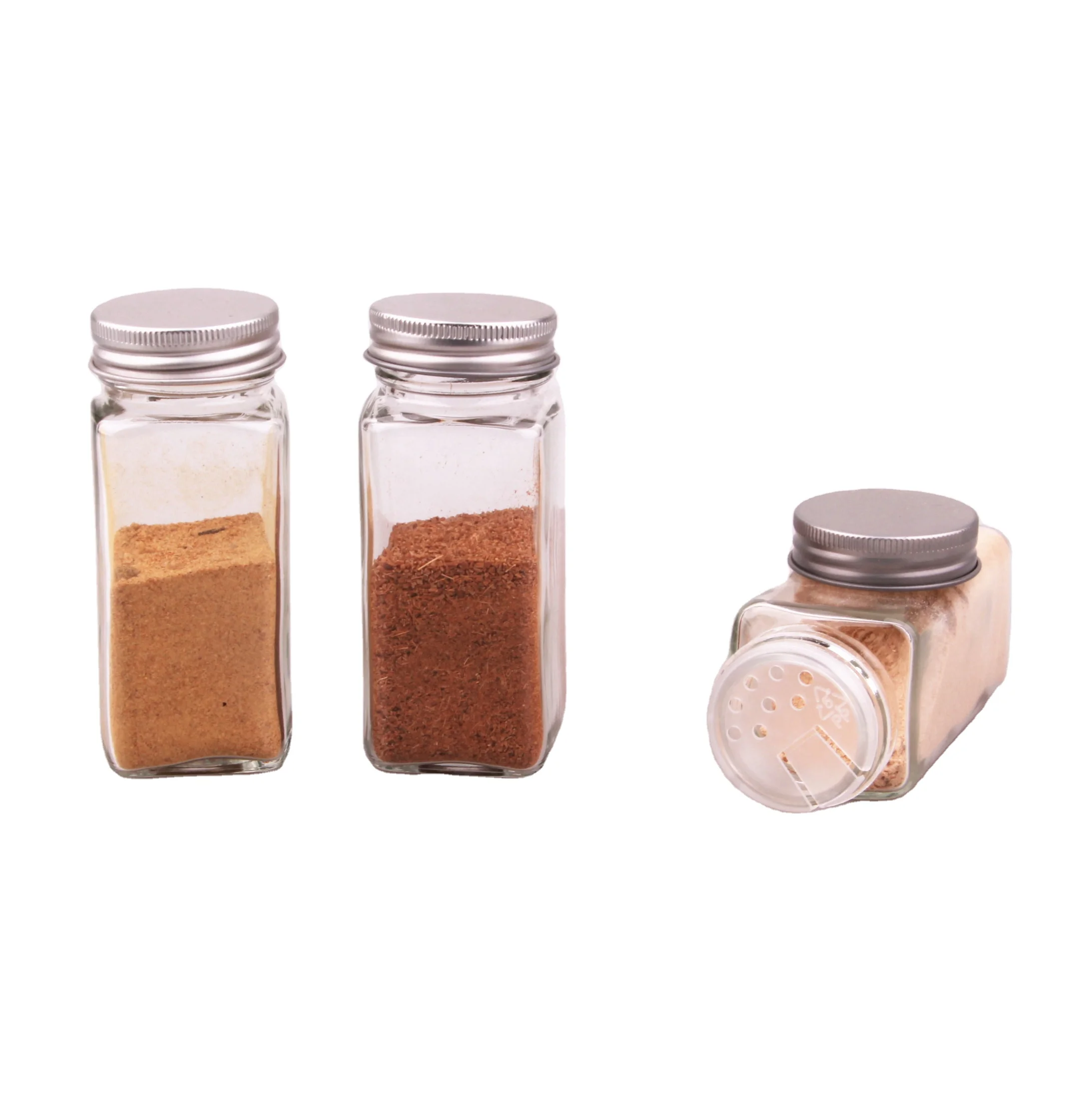 Wholesale 4oz 120ml custom kitchen cheap square small glass spice jars with silver metal shaker lid tops kitchen storage decor