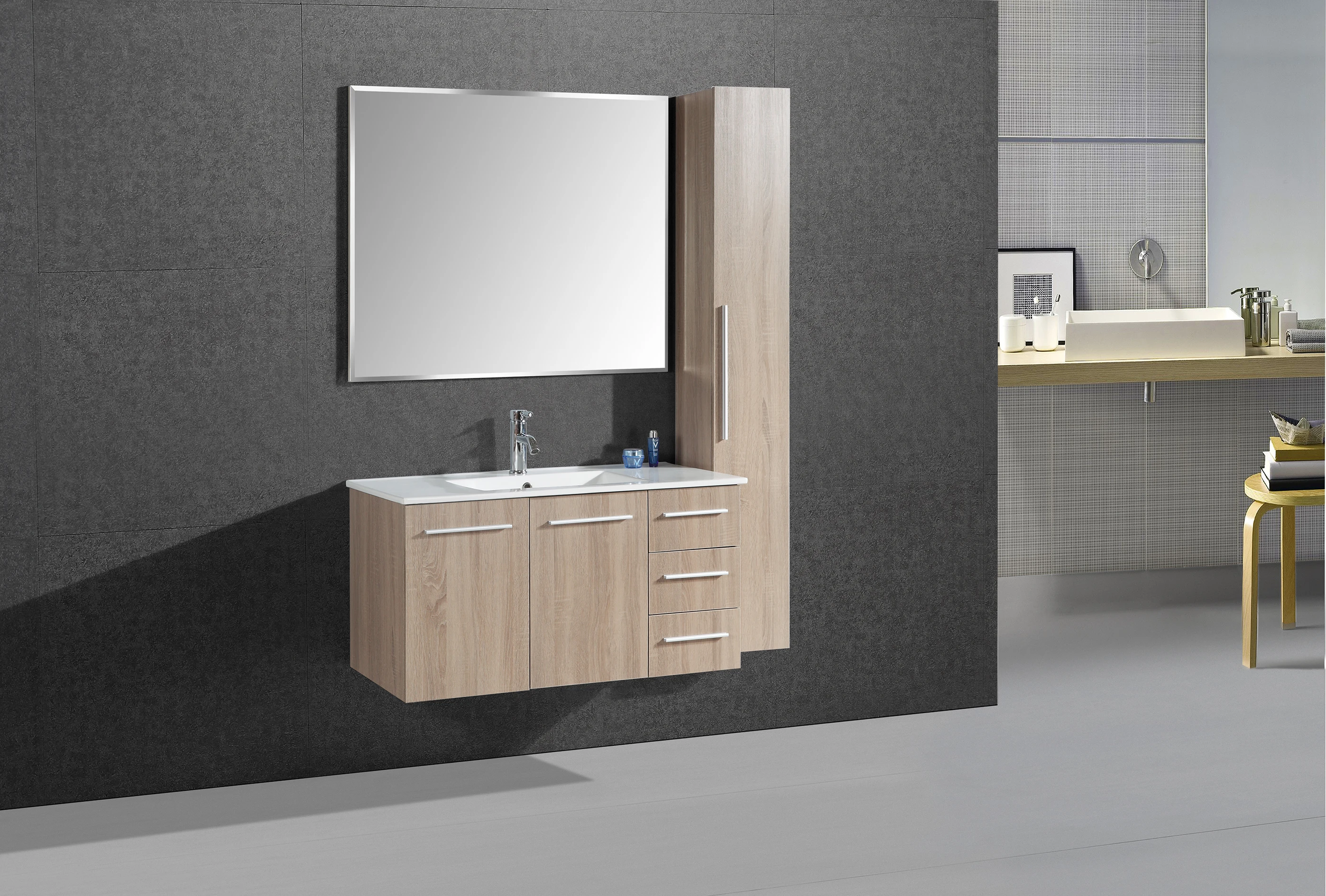 
Modern furniture wall mounted 100cm single sink bathroom furniture set with side cabinet 