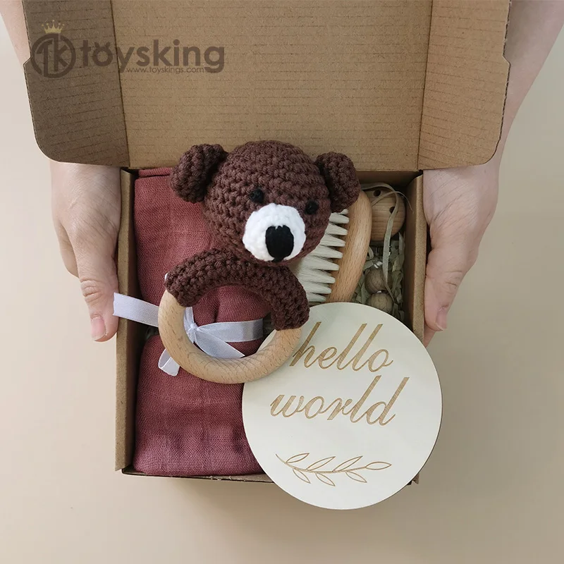 Baby Gift Box Set Baby Teether Toys Wooden Rattle Bracelet Newborn Bath Blanket Best Handmade Gift Box For Newborns