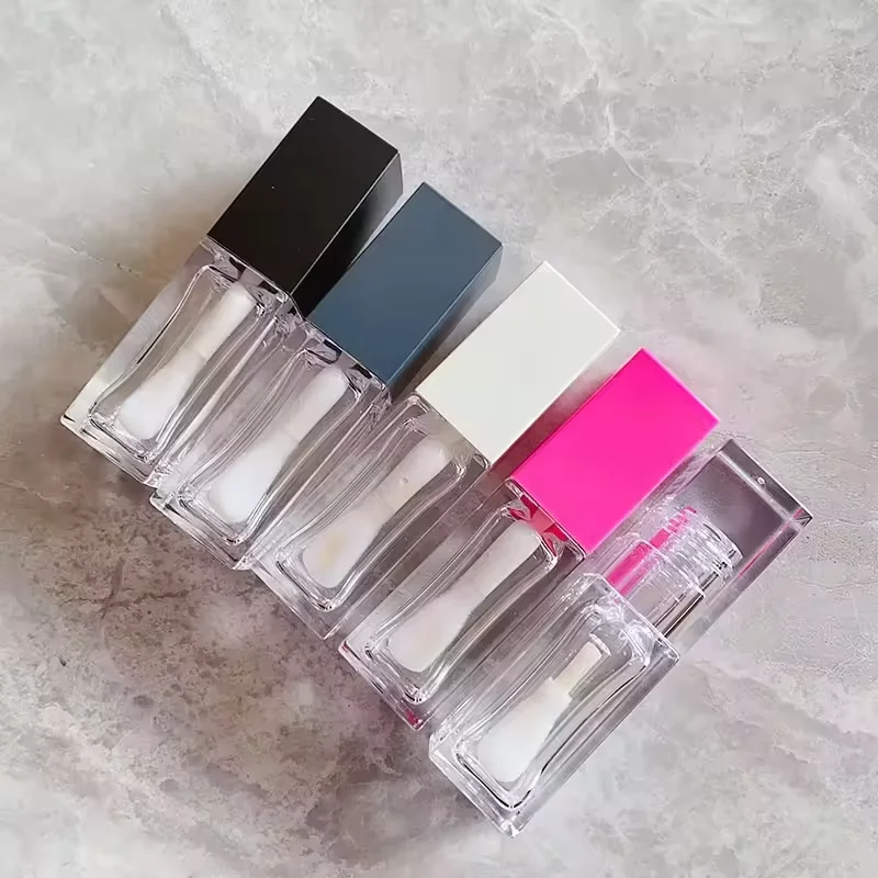 Empty Liptint Cube Container Big Wand Square Fully Transparent PETG Lip Gloss Tube Custom Lipgloss Tube With Brush