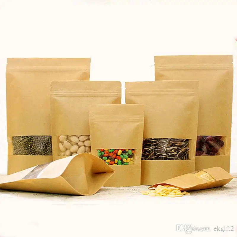 Shanghai Fine Quality Kraft Paper Bags Zip Lock With clear Window for coffee/tea/nuts/candy