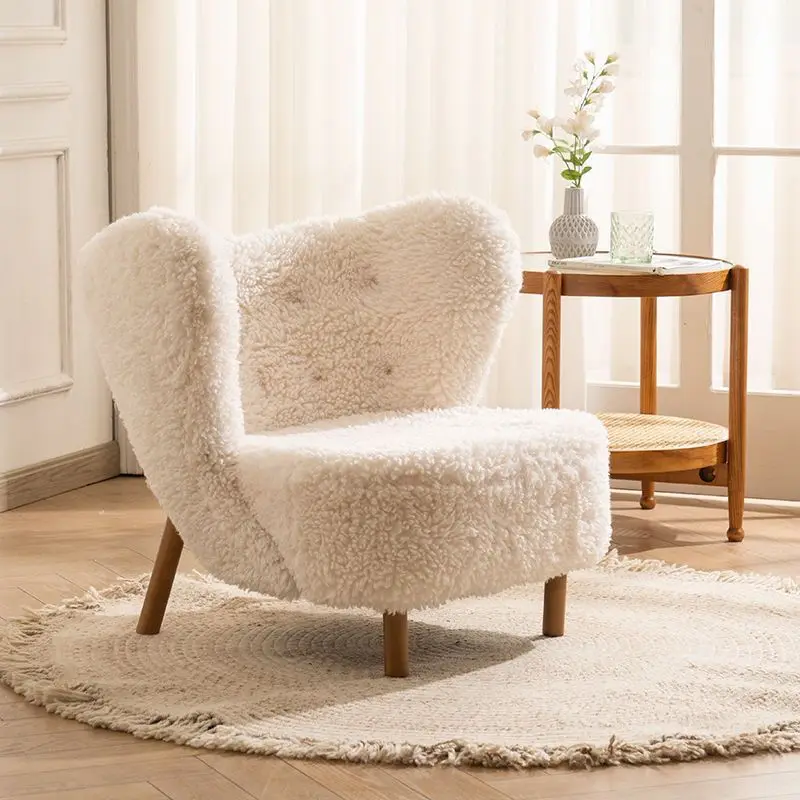 Nordic Luxury Lounge Chair Modern High Back White Sheep Skin Cafe Sofa with Rocking Feature for Hotel Living Room Bedroom