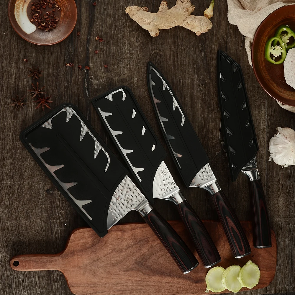 Super sharp Non Stick Hammer Blade Wood Handle 440C 4Cr13 Stainless Steel Chopping Set Kitchen Knives 4pcs Knife Set
