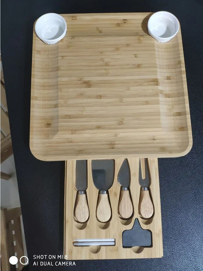 Cheese Board and Cutlery Set with  includes 2 slate labels and  chalk Bamboo Charcuterie Platter and Serving Tray for Wine