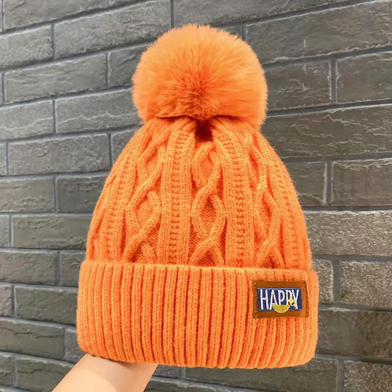 Best seller Korean version new artistic warm woolen fashion simple ball knitted beanie hats rabbit fur winter hats with pompom