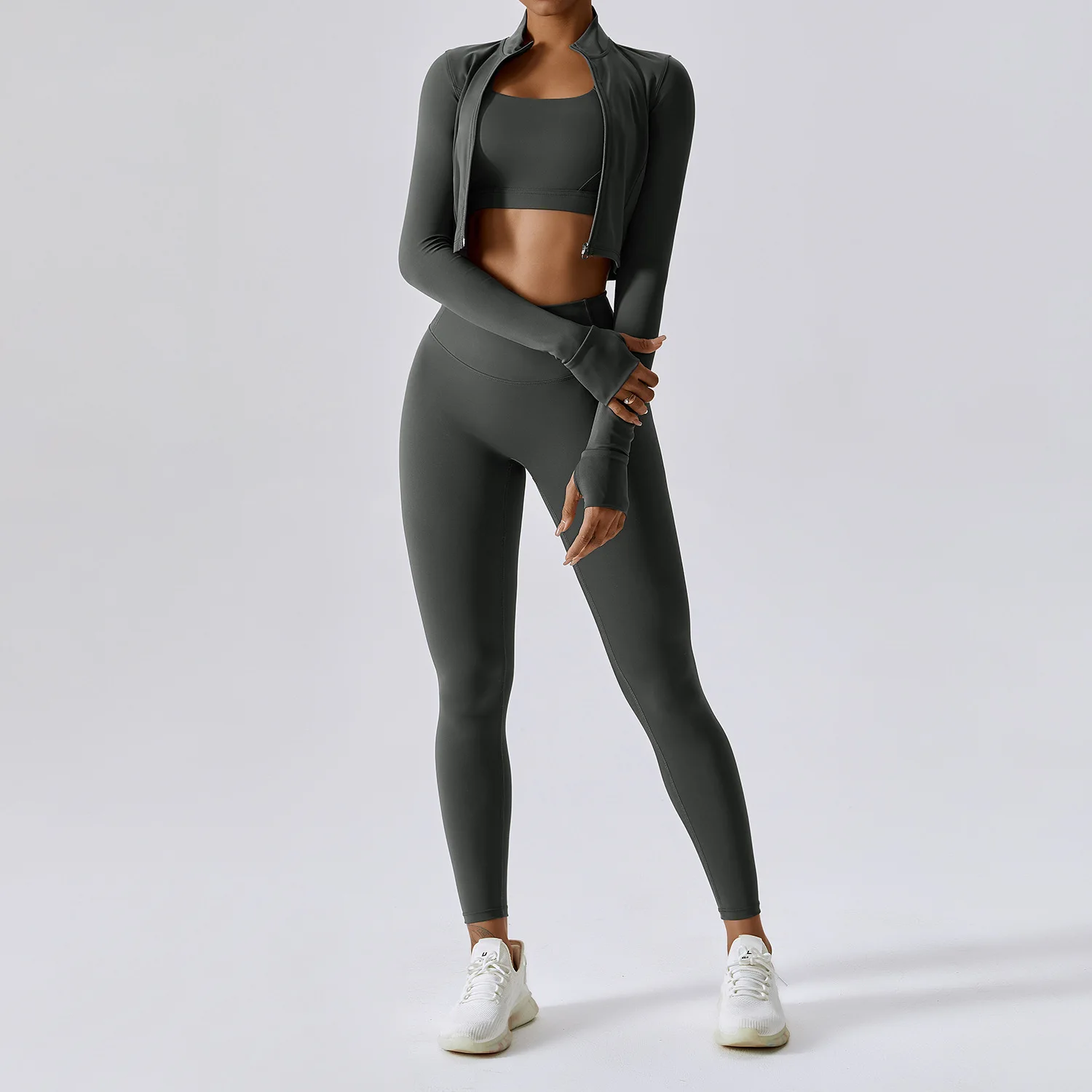 Women 3 Piece Long Sleeve Fitness Sets Sports Apparel Workout Jackets Yoga Coat Leggings Sets