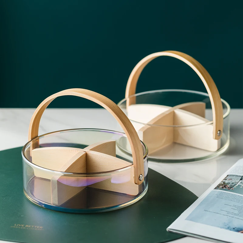 Wholesale Customized OEM Tempered Ice Bucket Stackable Glass Fruit Storage Basket Plate with Wooden Handle