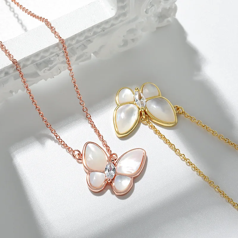 New Trendy Rose Gold Plated S925 Sterling Silver Butterfly Necklace S925 Cubic Zirconia Opal Butterfly Pendant Necklace