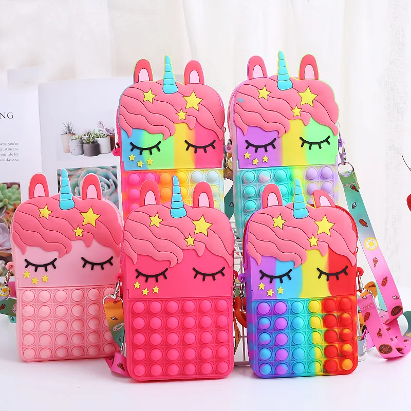 New Big Size Crossbody Adult Children Decompression Princess Fidget Coin Purse Cute Cartoon Unicorn Silicone Hand Bag