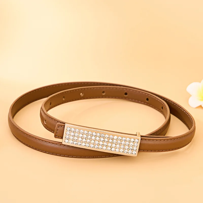 Custom Fashionable Accessories Gold Rhinestone Women Buckle Black Faux Pu Leather Belt