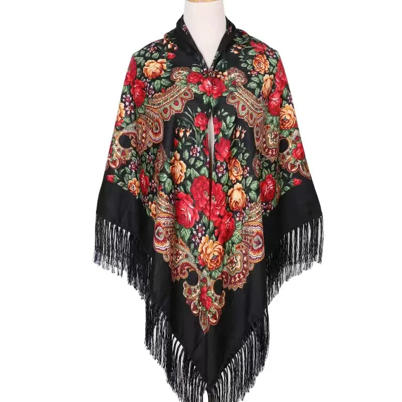 Wholesale Premium Floral Pattern Long Fringe Tassel 160*160cm Square Scarf Wrap Russian Macrame Shawl For Women