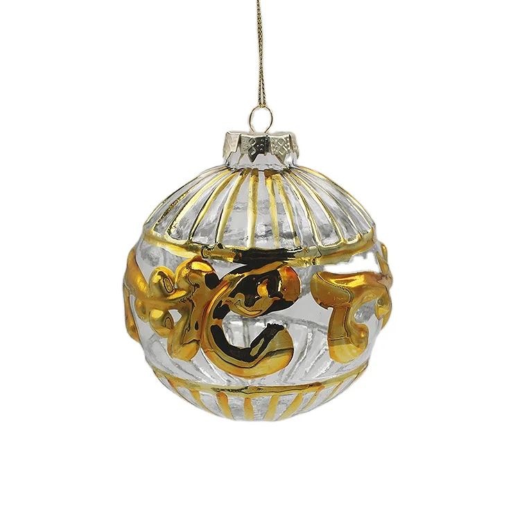 New arrival wholesale clear hanging 8cm christmas glass baubles ball with gold pattern for holiday gift and decoration