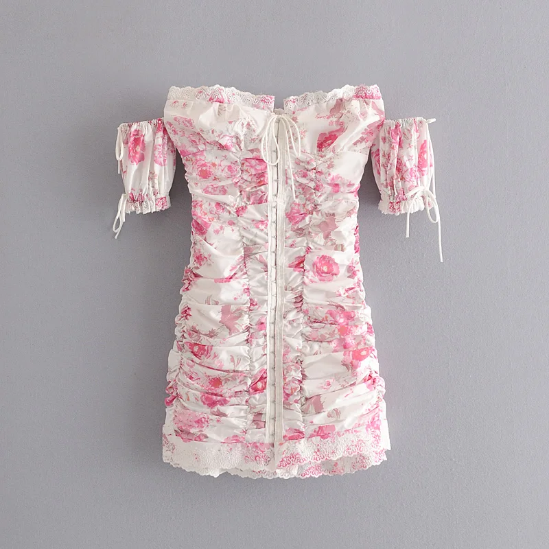 Lady Lantern Sleeve Cute Pink Flower Print Blouse With Mini Embroidery Skirt