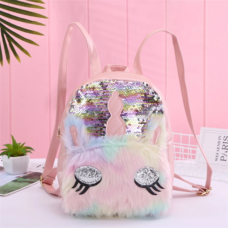 
In stock 2021 wholesale fashion New Cute plush leather Sequins Girls Backpack School Bags for girls can customized 