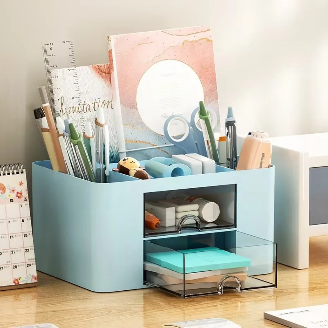 Pen organizer with 2 drawer multi-functional pencil holder with 5 compartments for Desk Organizers Office Art Supplies