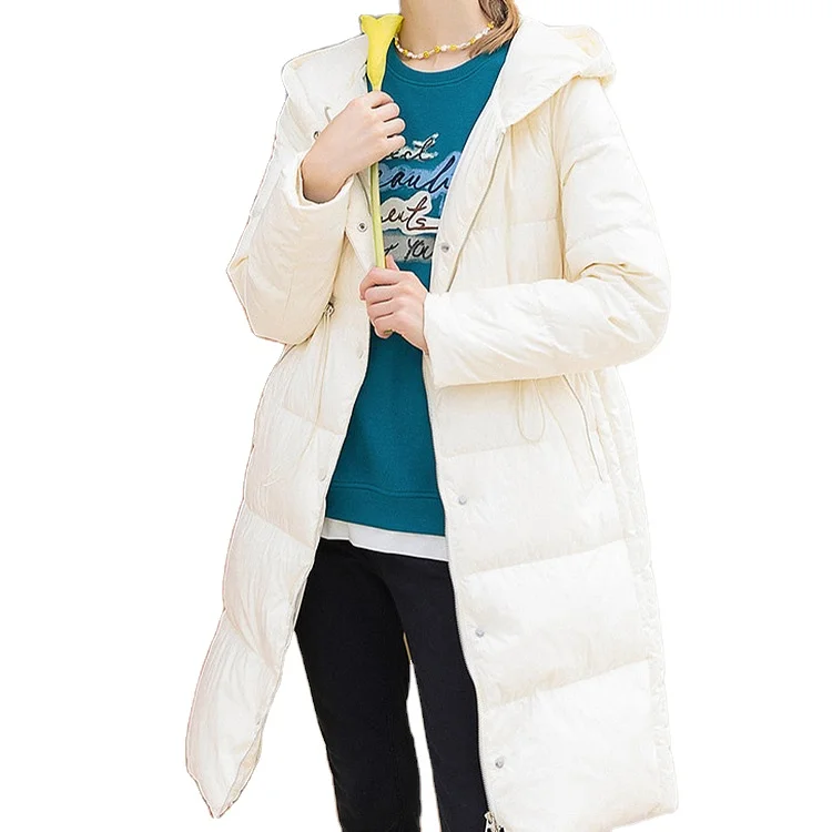 The new simple beige hooded medium long think slim female down jacket