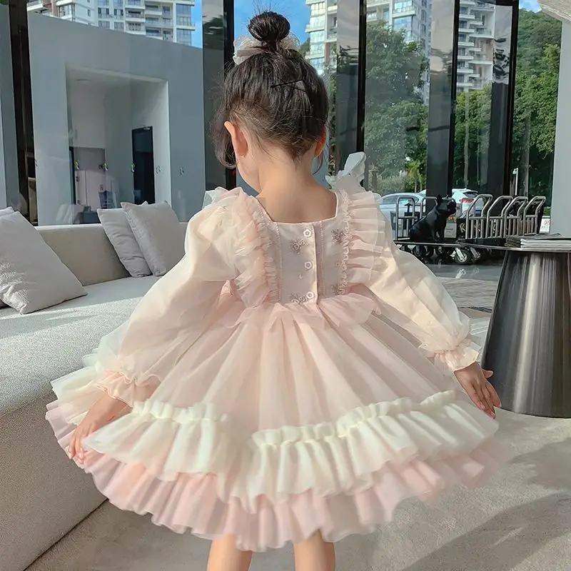 Pink 3d Lolita Style Flower 2 year old   Kids Toddler Little Girls Dresses Autumn Lace tutu Girls Princess Dresses