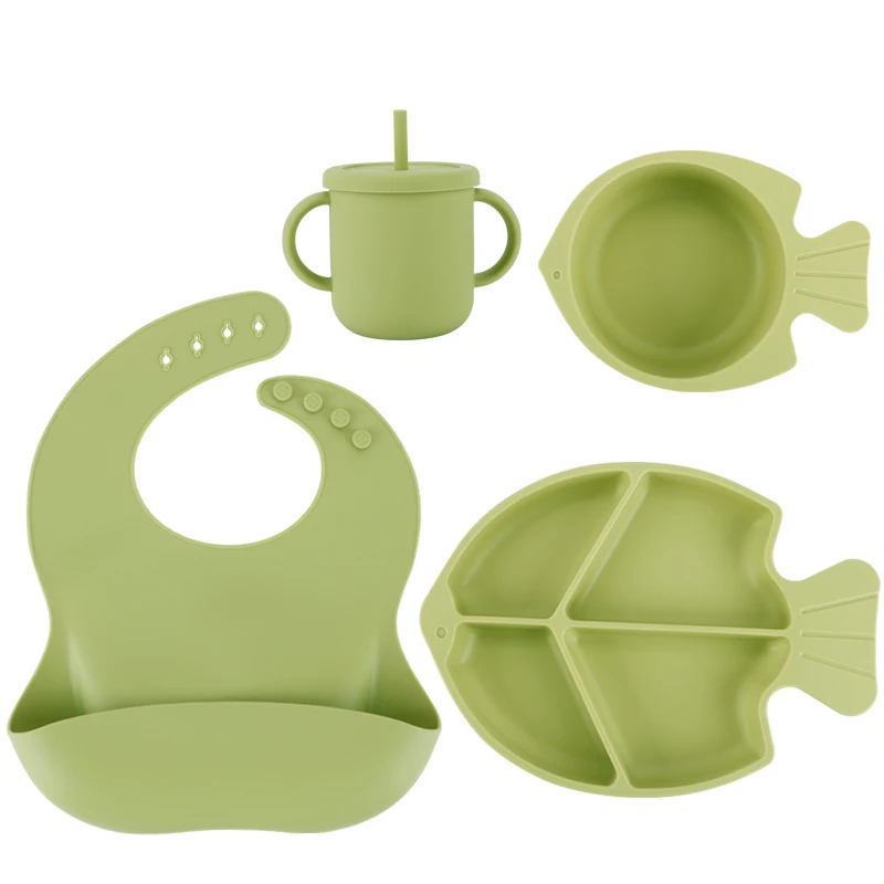 BPA Free Dishwasher Safe Silicone  4 in 1 Fish Baby Feeding Set Silicone