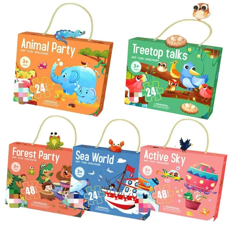 Children 24pcs Diy Creative Portable Cartoon Gift Packaging Multicolor Learning Educational Thick Paper Wooden Jigsaw Puzzles