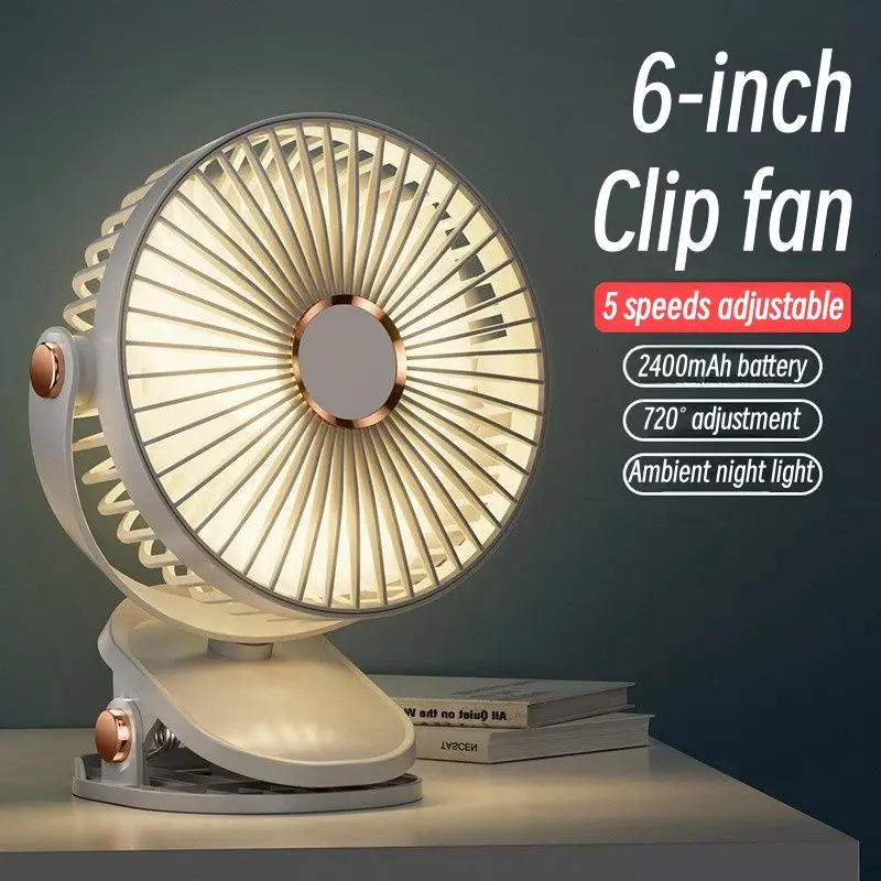 6 inch Portable Cooling Fan Clip-on Type 2400mAh USB Charging Mini Desktop Fan 720 Rotation 5 Gears Adjustable Clamp fan