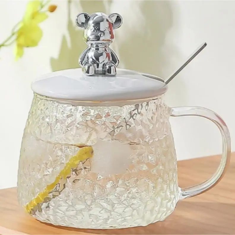 Coffee Mugs With Handle And Bear Lid High Quality Hammer Coffee Glass Cup With Spoon