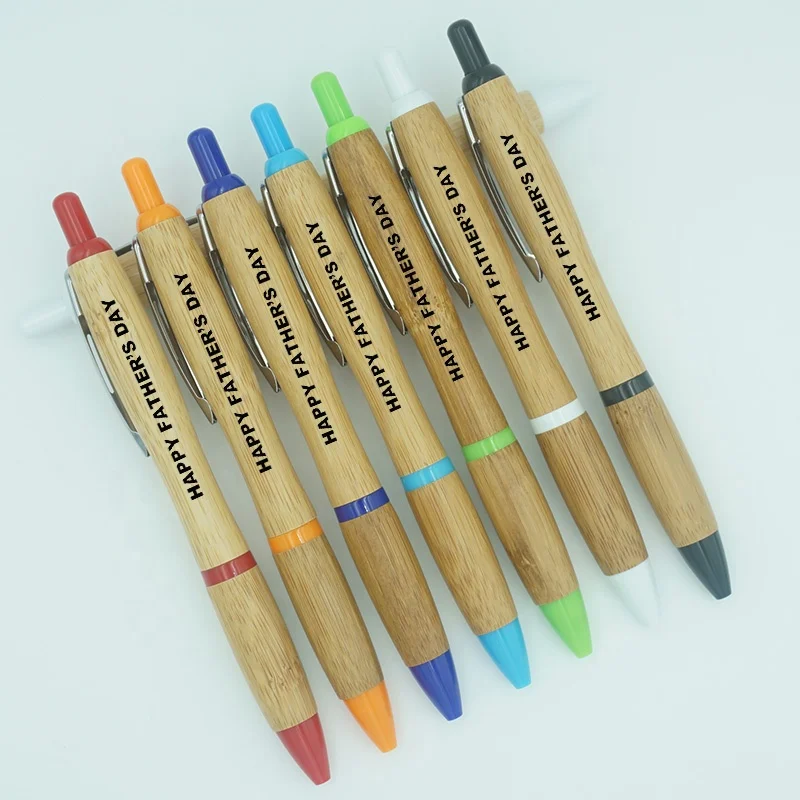Recycle Bamboo Wooden Barrel Metal Clip Ballpoint Logo Pens Custom Branded Gift With Colored Trims