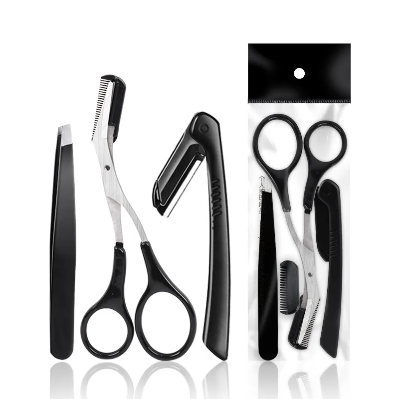 FOCSTAR 2021 Best Selling 3 in 1 Black Pink Manual Eyebrow Razor Scissors Tweezers Set For Eyebrow Grooming Kit (BT9024)