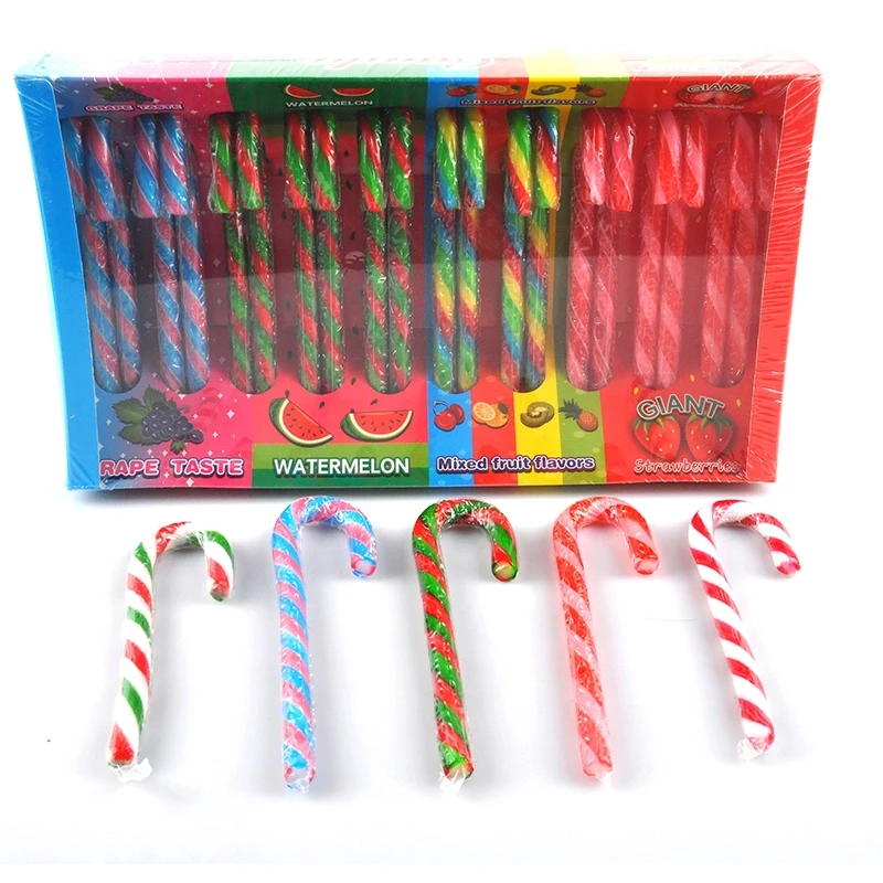 Wholesale Custom Colorful Fruity Christmas Candy Cane Stick Lollipop Hard Candy Sweets