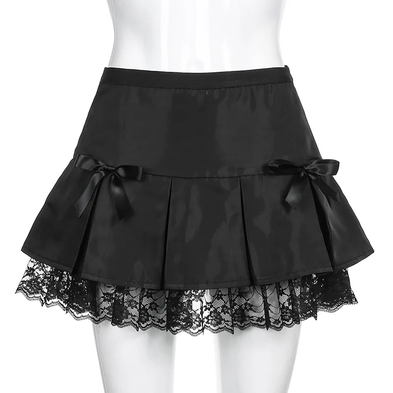 Ladies  A-Line Skirt Sexy Lace Mini Skirt Women Pleated Skirt Casual Preppy Girl Black Patchwork Bow Dress