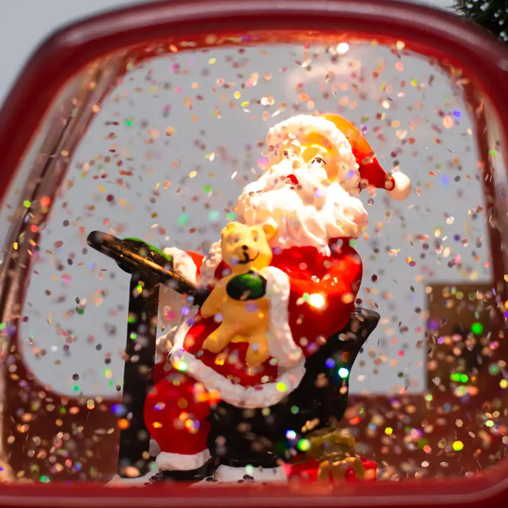 Santa Claus Delivering a Tree in a Vintage Red Pickup Truck Glittery Lantern Snow Globe Christmas Holiday Home Decor