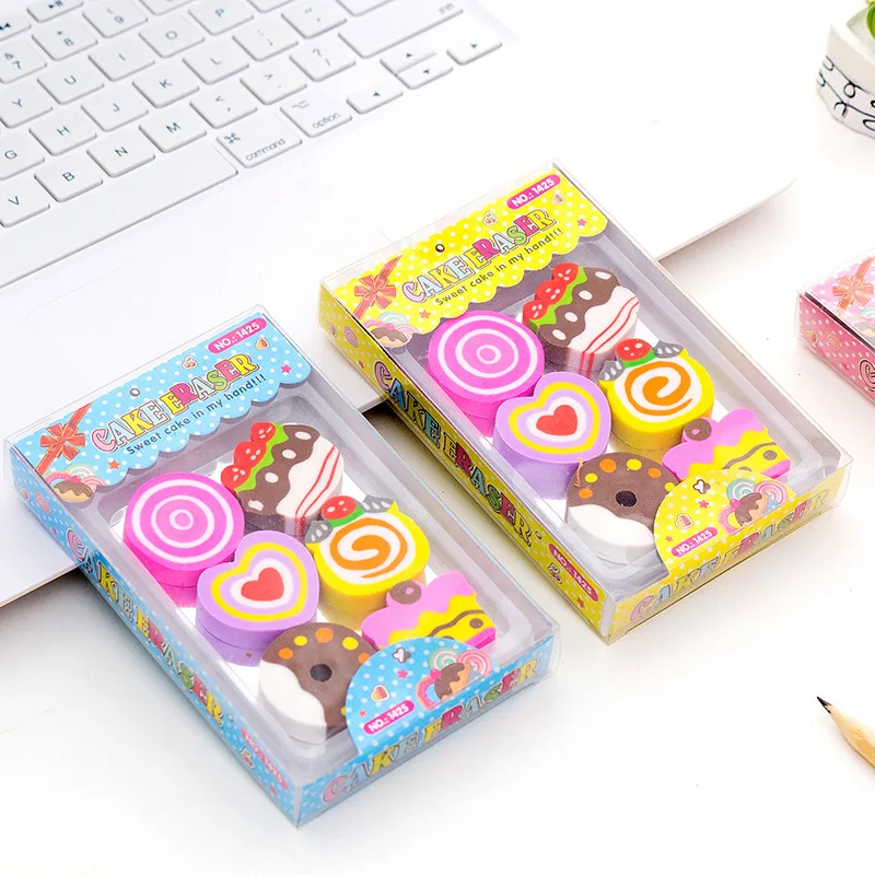 6pcs/lot Lovely Cake Donut Pencil Eraser Kawaii Mini Animal for School Student Stationery Kids Prize Toys Gift