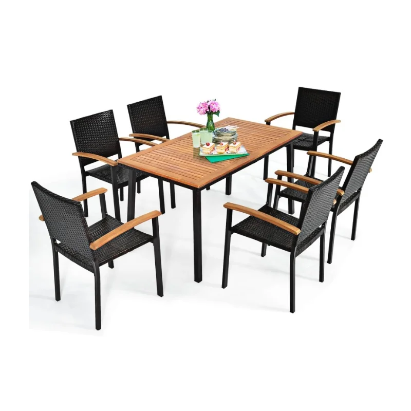 
Outdoor table and chair combination teak courtyard patio villa outdoor aluminum alloy leisure dining table and chair 