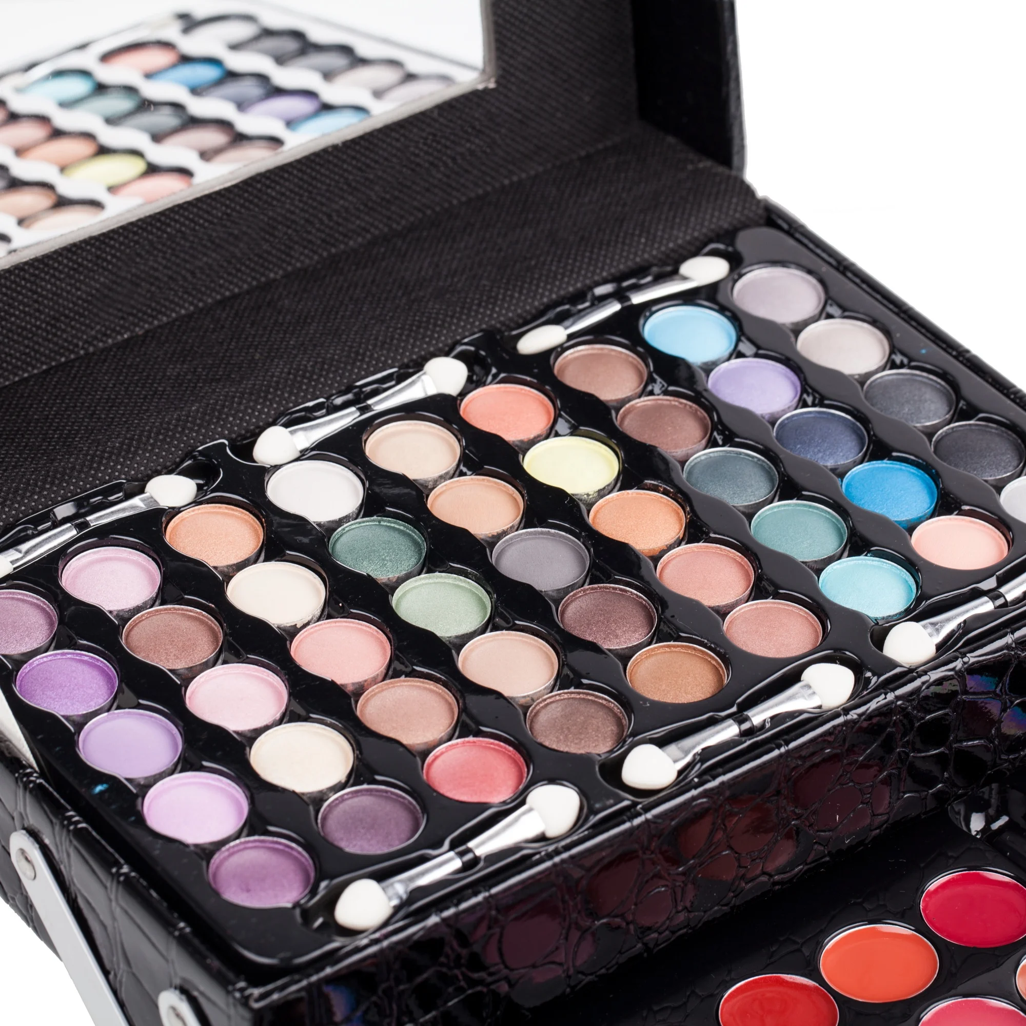 Factory hotselling black faux leather make up set box Makeup brushes eye shadow palettes blush palettes lipsticks lip glosses