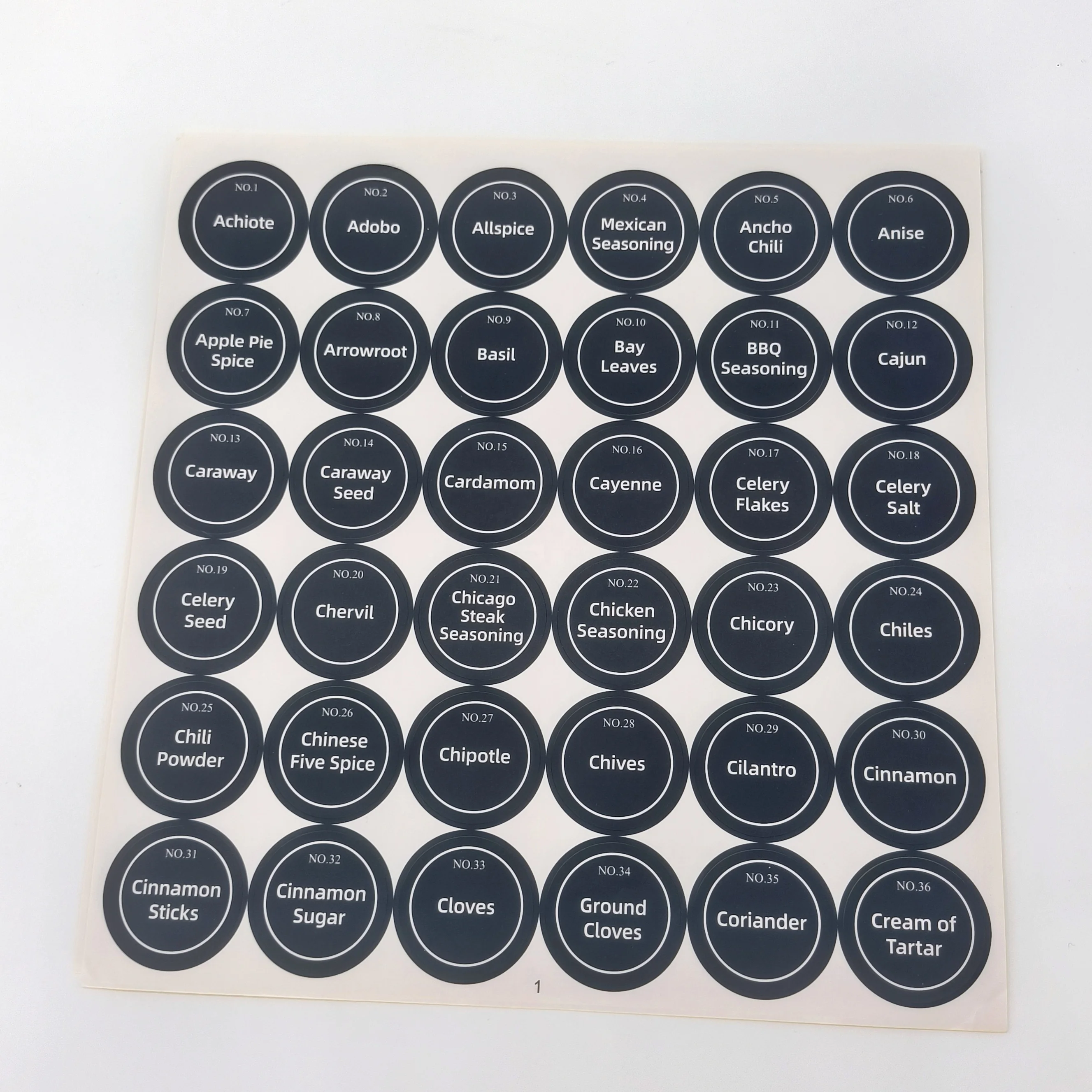 Waterproof Adhesive Herb and Spice Sticker Sheet Minimalist WhiteText on Black Round Seasoning Stickers Spice Jar Labels