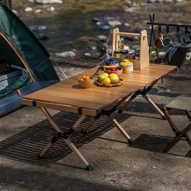 Heavy Duty Outdoor Foldable Portable Wood Egg Roll Table Camping BBQ Picnic Folding Table And Bench For Event