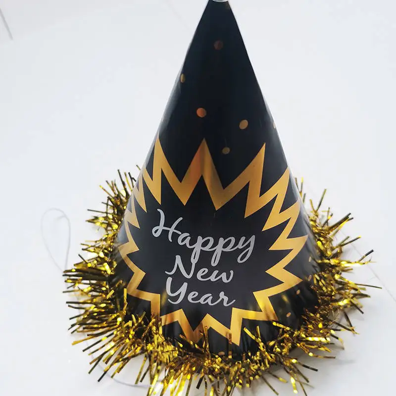 Gold Black Silver Happy New Year 2025 foil Paper caps Hats with tinsel fringe photo props for New Year eve Party decor supplies