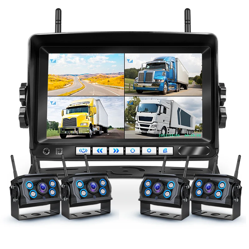 1080P Stable Performance Truck DVR 7' IPS Quad Screen with 4PC Cordless Camera Dual Antenna Digital Wireless Backup Camera Kit