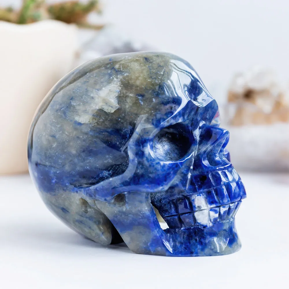 Wholesale Natural Hand Carved Polished Sodalite Crystal Skulls Folk Crafts Healing Stone For Home Decoration
