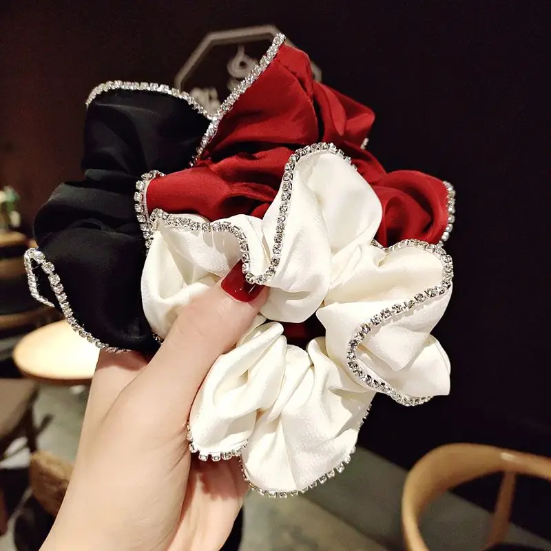 French Style Rhinestone silk tie-up hair accessories rubber band  Simple Pork intestine circle back head Hair Rope for women