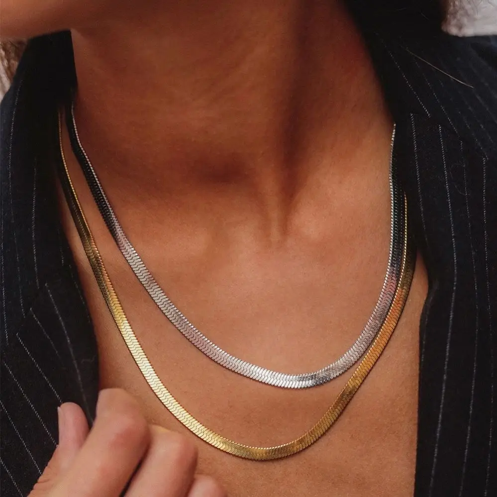 Trendy 14k Gold Plated Stainless Steel Necklace Flat Snake Chain Clavicle Blade Necklace Jewelry for Hip Hop Accessories
