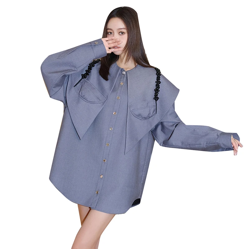 CHICEVER Point Lapel Dual Pocket With Beaded Single-breasted Long Sleeve Casual Blouse