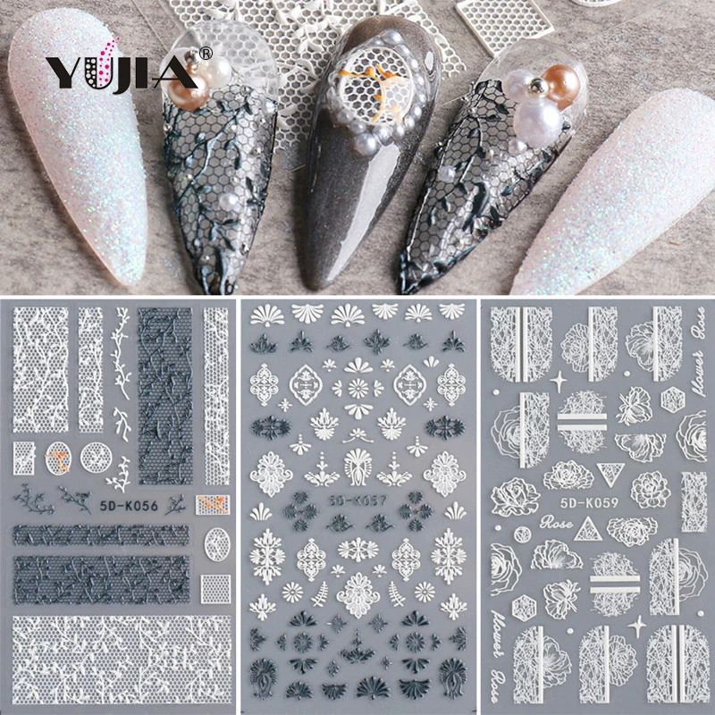 New F series nail relief stickers 5d stereo hollow black and white lace flower glue nail stickers